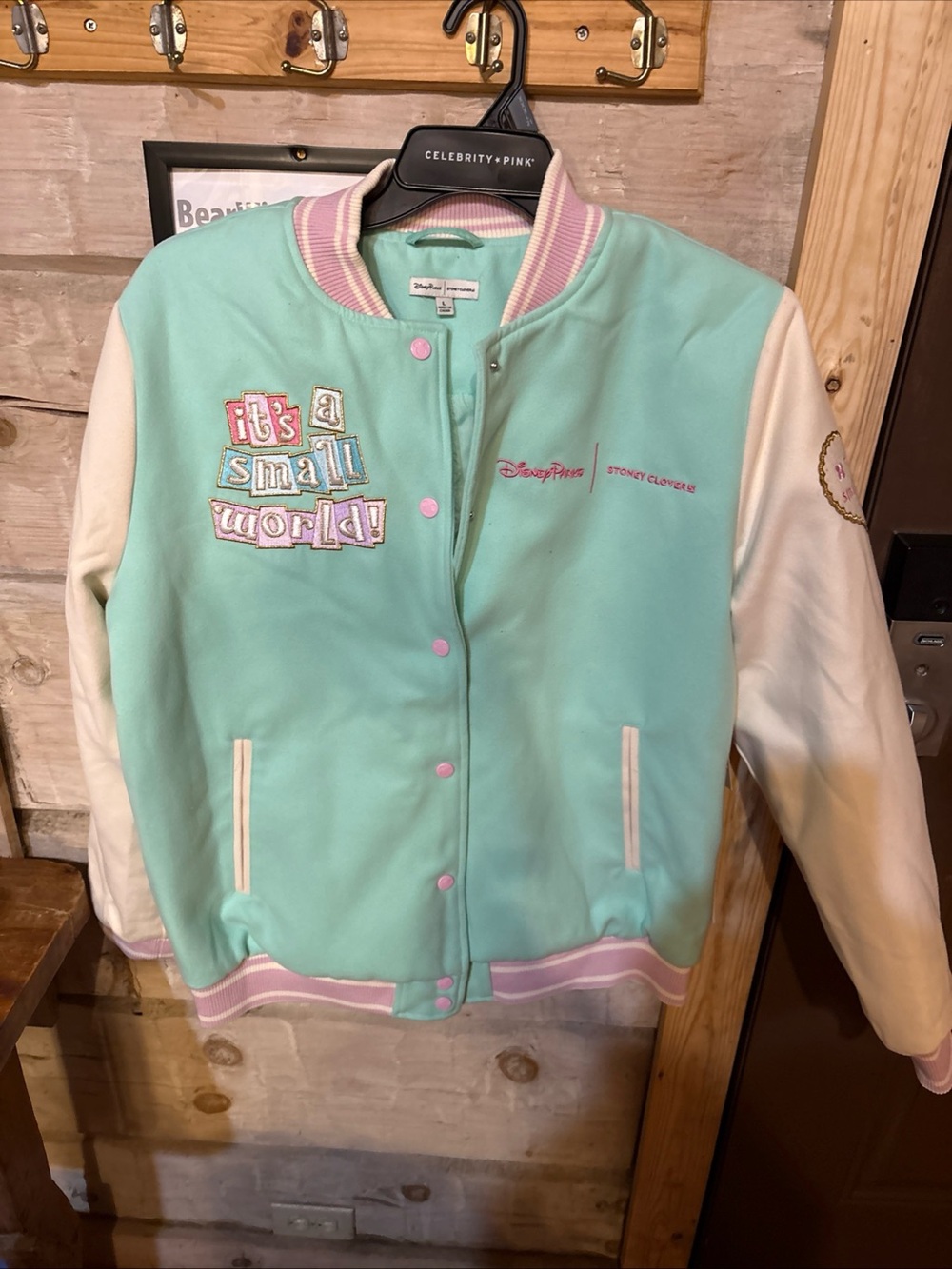 Stoney Clover Lane Mint & Cream Varsity Jacket with Pastel Pink Trim